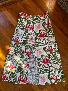 Reformation Linen Floral A-Line Midi Skirt - White with Pink & Green